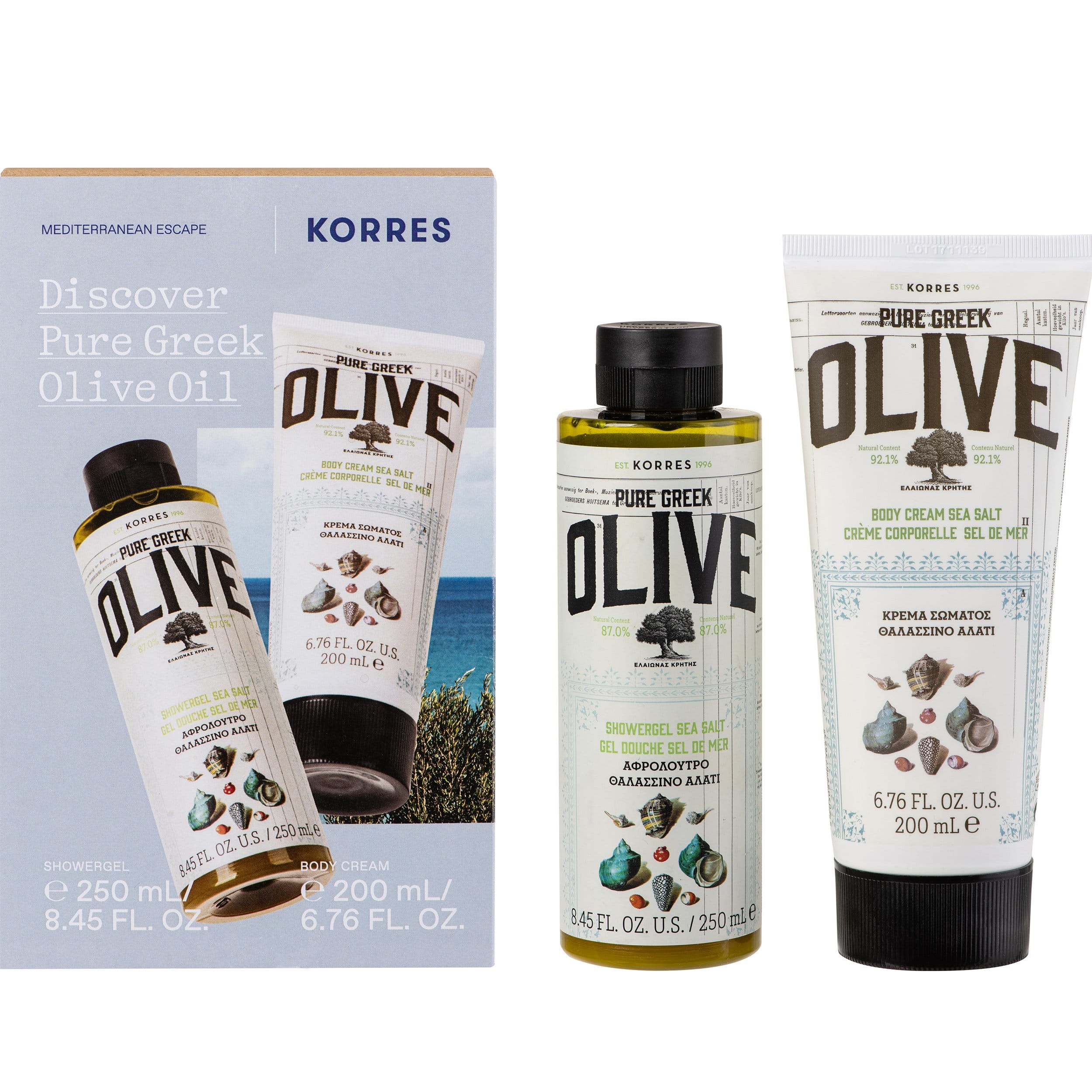 korres discover pure greek olive oil με shower gel Αφρόλουτρο Θαλασσινό Αλάτι 250ml & body cream Ενυδατικό Γαλάκτωμα Θαλασσινό Αλάτι 200ml