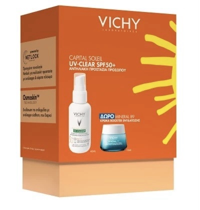 vichy capital soleil promo uv clear Αντηλιακό Προσώπου spf50+, 40ml & Δώρο mineral 89 Κρέμα booster Ενυδάτωσης, 15ml, 1σετ
